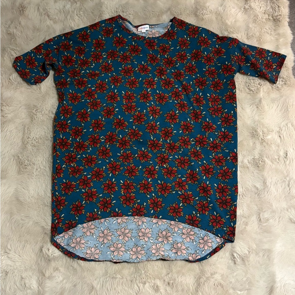 Lularoe Floral Blue-Teal Tunic Top with Red Flowers